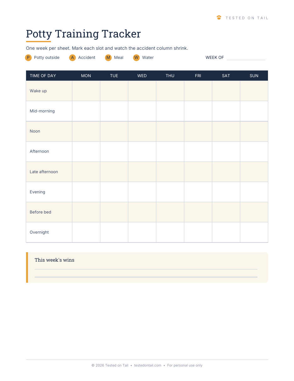 Potty Training Tracker — printable weekly grid preview